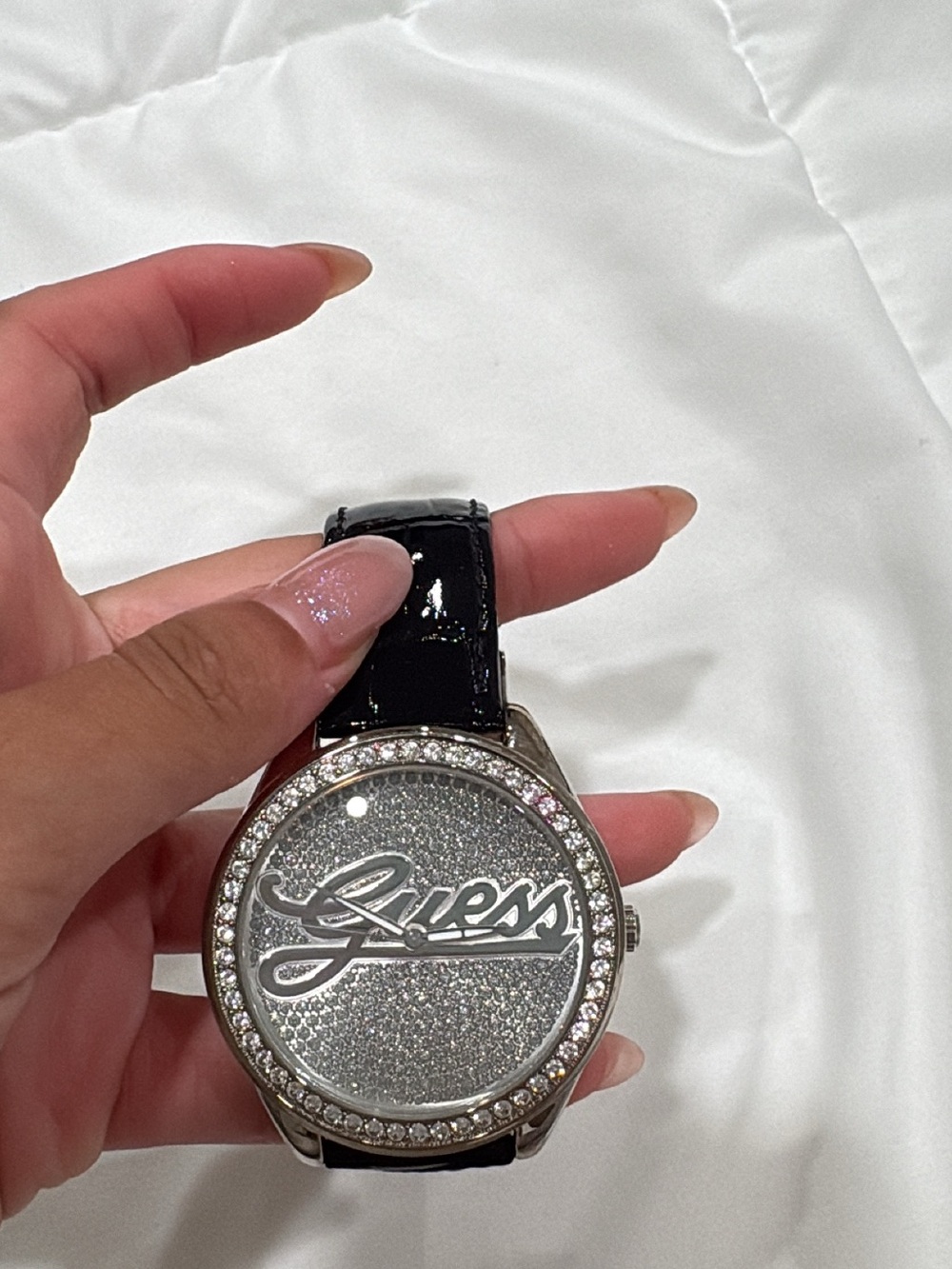 GUESS Silver Crystal Logo Dial Watch with Black Strap